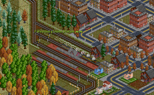 We arrive at Forestburg Union Station.  The connecting train to Great Oaks isn't here yet, so we have a chance to wander around the area.  The tracks to the south are the Forestburg Eastern Railway.