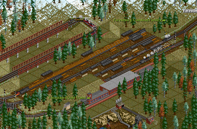 The Forestburg Transload Facility is a busy place.  A 4-8-2 heads for Elmhurst loaded with gold, those 2-10-2's we saw earlier are loading.  A Narrow gauge 4-6-2 is bringing gold down from the mountain as a 2-8-2, having unloaded lumber, heads back up.