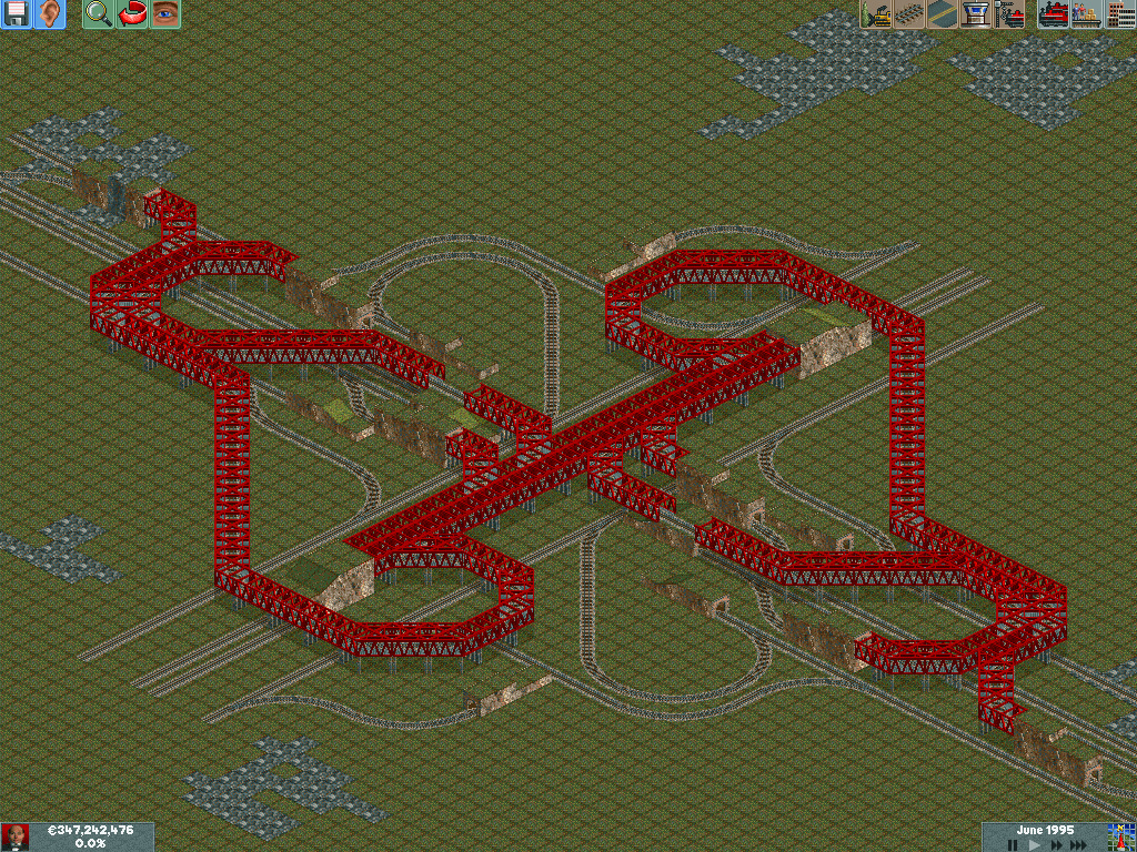 The 4 way 4 rail junction i designed for the use in my system, with the fewest loss in speed possible. I planned my system to divide the map into 9 service squares, not just go around the island. so i needed 4 way junctions.