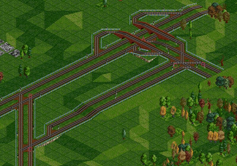 Heres a 2 track mainline, with a bypass, as you can see the bypass doesn't continiue along the mainline. The bypass lets trains from Point G To Point D from wich it can continiue to point C, instead of having them go through Point A &amp;amp; B first.