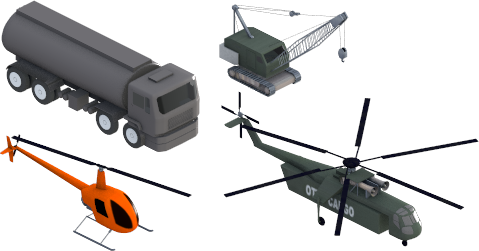 These are most of the vehicles in the picture. The only one missing is the forklift. I don't think there is any use for the Robinson R22 in the game, but it might look good on a helipad somewhere.