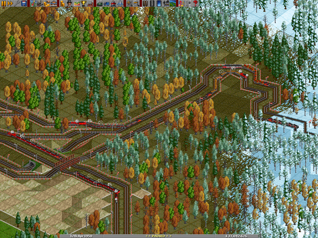 Various trains tackling the slopes as they enter the Eastern Mountains.<br />My main rail artery can be seen in the bottom left.