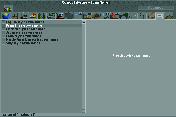 Menu for Locomotion town name.