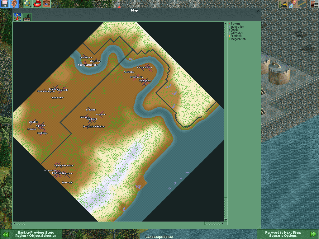 The Map. The oil rigs can be seen in the sea on the right. The refinery is on the waterfront . To the north is a power station. The coal mines are in the north east area of the map.