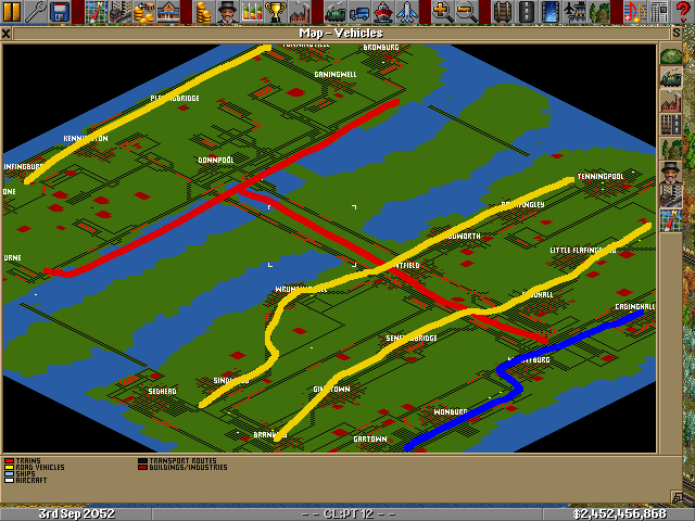 This is a color coded picture of the whole map. The red T indicates the main coal line, the yellow lines indicate pure passenger lines, and the blue line indicates the aforementioned mixed goods line.