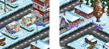 Two Eurocopters flying over a snowy neighbourhood.