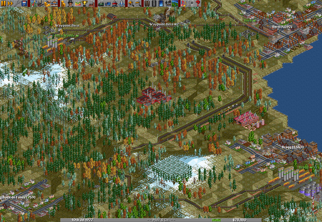 The whole of my rail network so far. All engines are of the 2-8-0 Consolidation type, apart from the set's earliest electric engine (guess what it is!), which hauls gold to Bern's station.