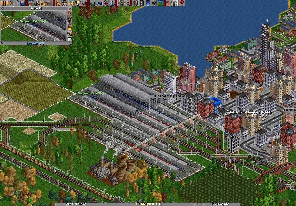 Lastly, the train is seen arriving in Little Trontfingford, a medium sized city which is steadily growing. The Three platforms on the left part of the station are for traffic going north into the more mountainous area of the county.