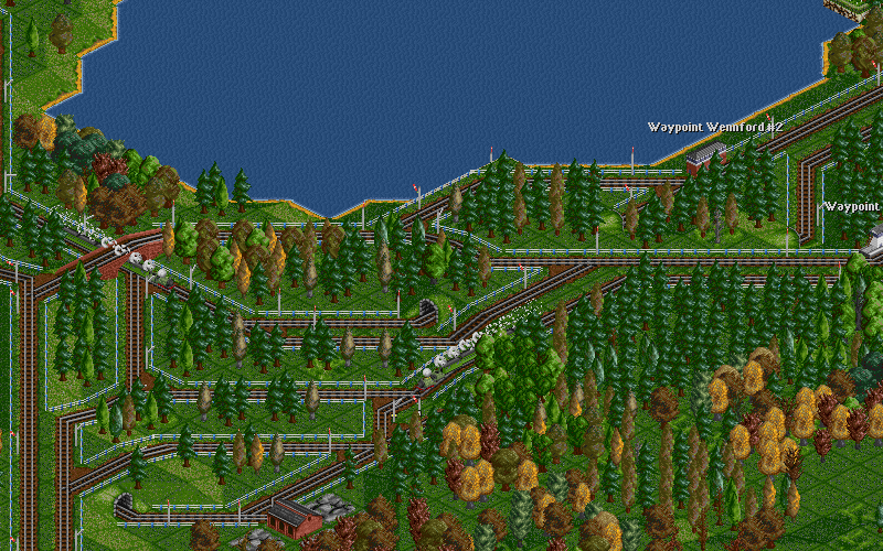 My network's central junction in closer detail. It works better than it looks, thanks to light traffic, but there's also plenty of room left for expansion.