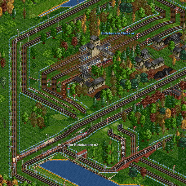 At first there were only two coal mines, but they had low outputs, so I funded a third one. Now you never see more than one coal train on the station at a time. The station itself is boxed in by electrified lines and I had to use tunnels and bridges.