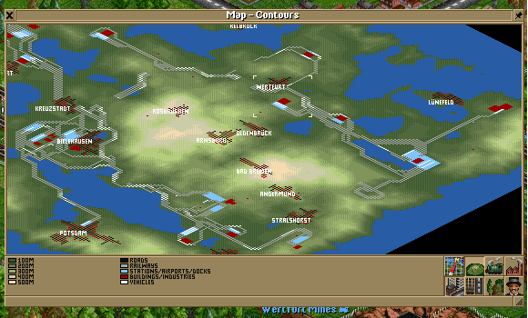 The map. Iron ore and steel were the two natural cargo choices due to all the factories and farms I serviced. A big station was built at the only steel mill that's still not closed down, and it has been connected to 4 iron ore mines.