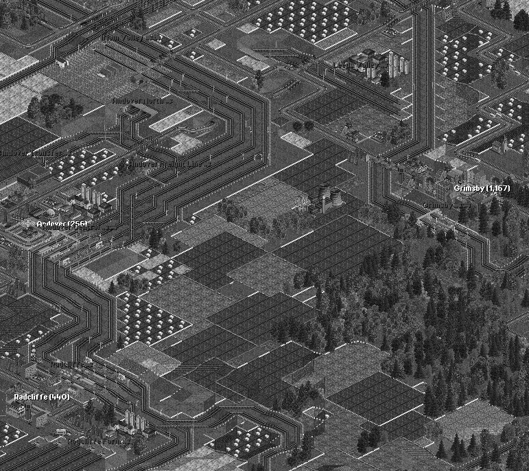 A zoomed out shot of the railway infrastructure to the south of Loxhill, showing the new goods lines and sidings. The container station is actually linked to a truck stop in the centre of Loxhill :)