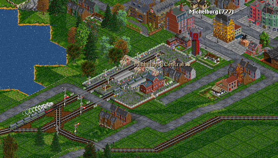 Michelburg's central passenger station. The commuter train from Brunsburg is heading for platform two. Platform one is occupied by the regional service connecting Michelburg and Schweinhausen.