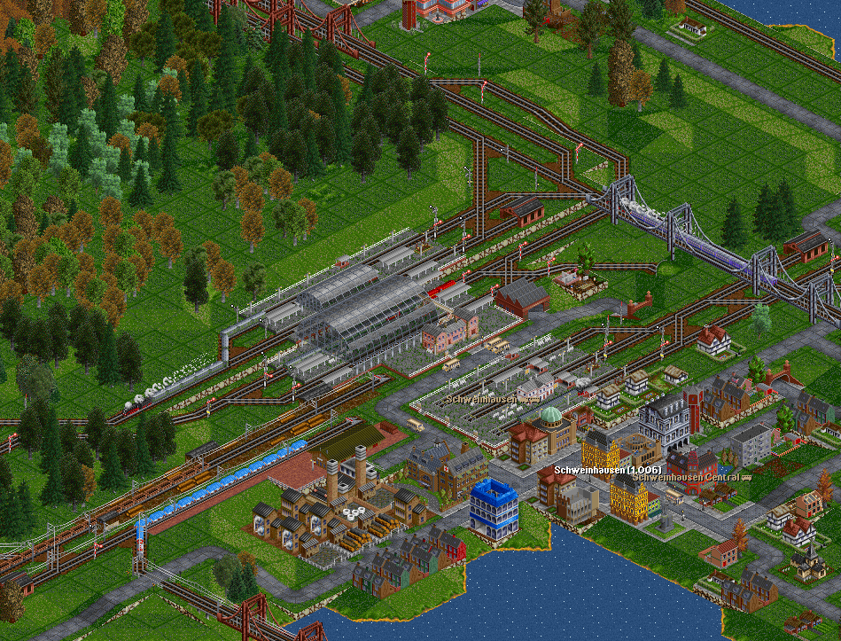 Schweinhausen passenger terminal. Due to the main line splitting the tracks configuration has a unique design. The bridge in the northern part of Schweinhausen is used in both directions.