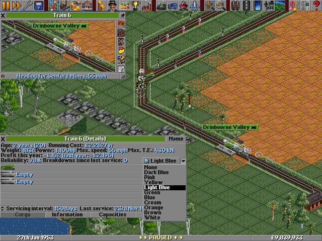 Setting up train 6 as Light Blue.. to ensure they all could follow the same route, the trains share orders. In your game, they need not.