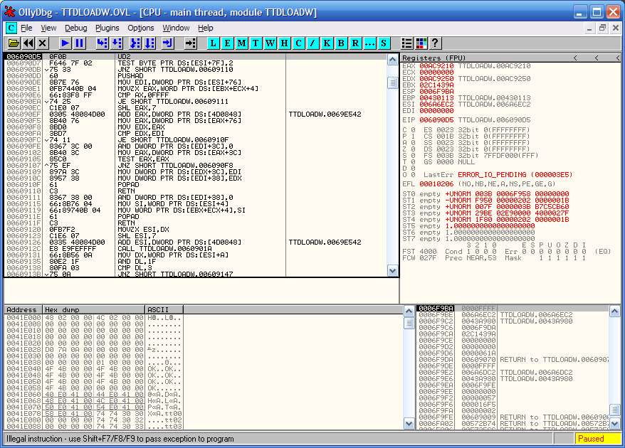 OllyDbg screenshot from after the crash occurs