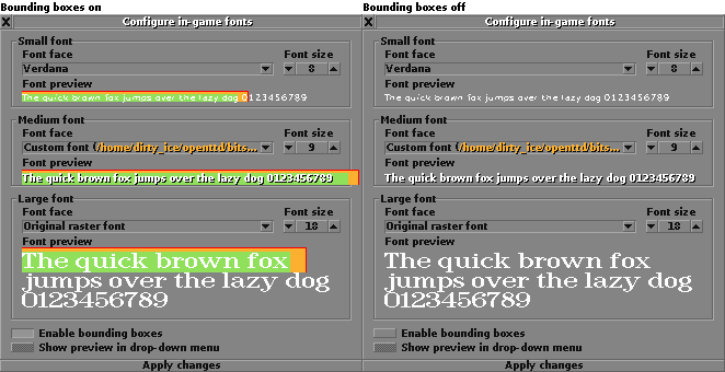 Fontselect dialog with boundig boxes on and off.
