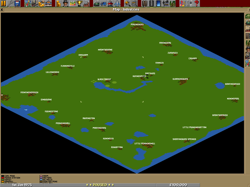 Map showing the layout of towns.<br />Out of view in the bottom right corner is an Iron Ore Mine and in the top Left is a Steel mill