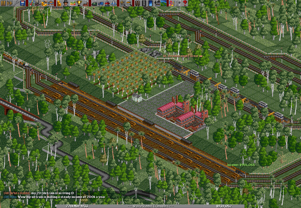 The large drop-off station for my lumber trains, with pick-up platforms for goods trains as well. As you can see, the profits are more than 4x that of Nilo's best-earning train.