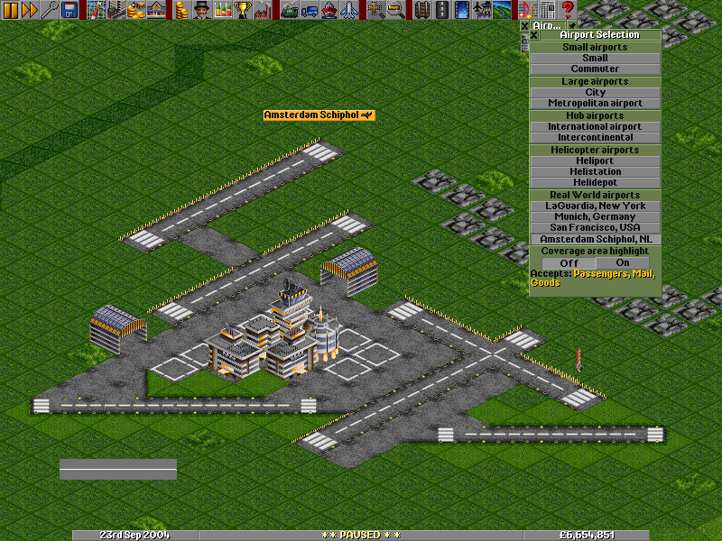 Schiphol with 2 diagonal runways. New runway graphics by skidd13, but still a WIP. This can be placed, but doesnt handle any aircraft yet.