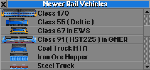 Some concepts for some other units, mostly created with cut and paste.  The set is designed to use pc, so the EWS and GNER liveries will be designed to look like the relevant companies' livery when the right player colour is used.  The wagons at the botto