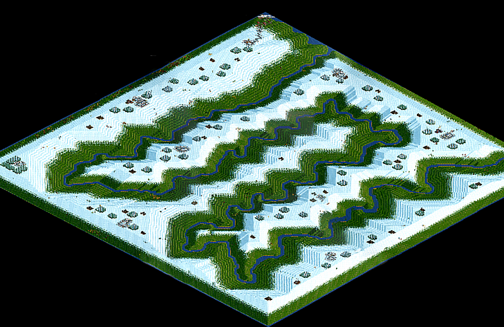 'Almighty Alpine' is a long range of the highest mountains, seperated only by a mountain river, going from end of the scenario, winding through to the other end.