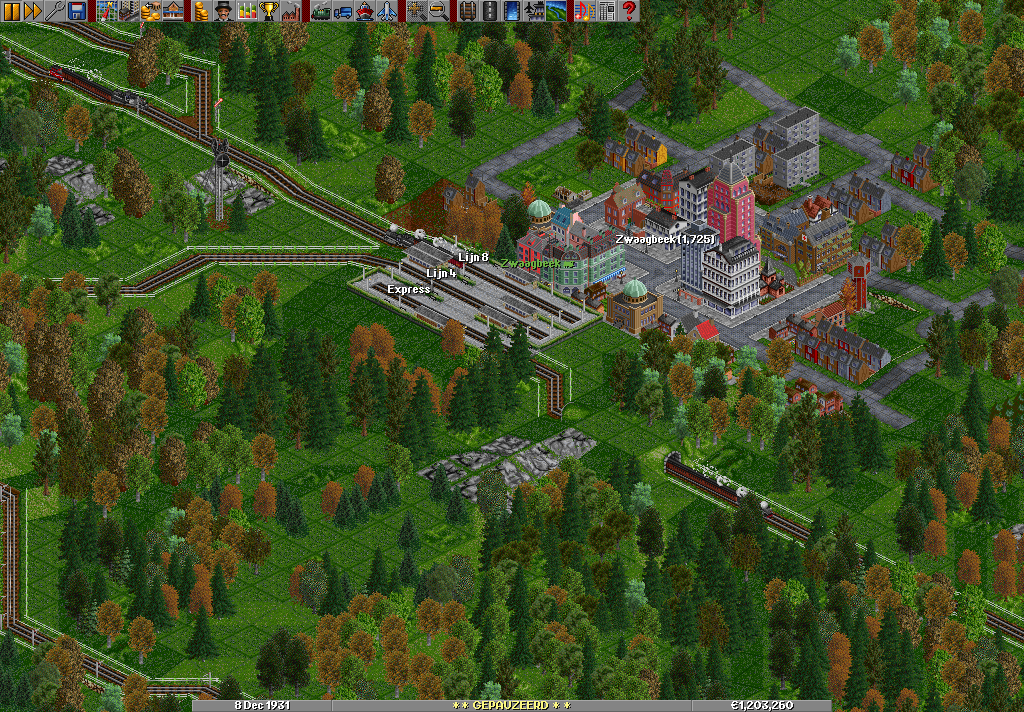 this is a screenshot I really like, it shows zwaagbeek at a bussy (is this correct??) moment. the large train going to the right is my largest passergers train earning me a lot of money. to left are two smaller trains.