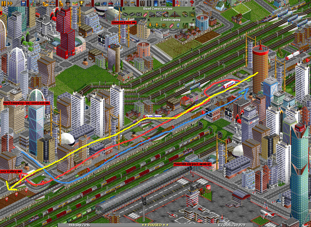 The red line shows the way of the trucks to enter the city and go to the woods, after the city, the Yellow line shows the way of others vehicles like buses or other tucks should go to continue on the highway and the Blue shows the way of the trucks loaded of wood should get to deliver their cargo...