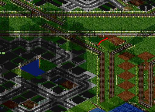 The same junction, but this time with 2 bridges right after eachother the red line shows where I'd love to place a signal - otherwise there's no use in placing a bridge there, as it would simply be too long.