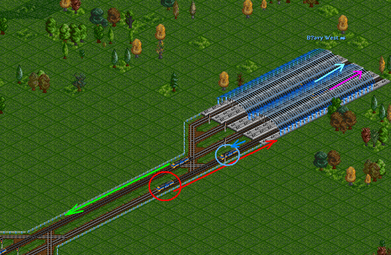 Green train is leaving station correctly.<br />Blue train left station recently and stops at signal correctly.<br />Lightblue and violet trains are in the station, blocking two platforms.<br />All platforms were ocupied for arriving train (platforms to the left are blocked by leaving green train, platform ahead is blocked by leaving blue train), still hi pickes an occupied track ahead.