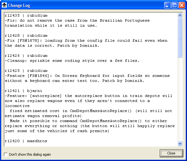 The change log dialog, can be disabled/enabled either in the main configuration dialog or using the checkbox in the lower left corner.