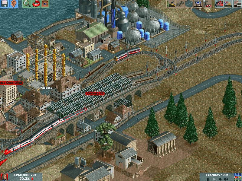 An Express and a Local service meet at Vorkuta.  The Local Line is heading over a bridge onto a small island, while the express runs south down to Helsinki.