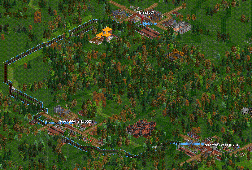 Overview of the Muley-Grecombe Cross line.  Passengers transfer at Nenstable Park.