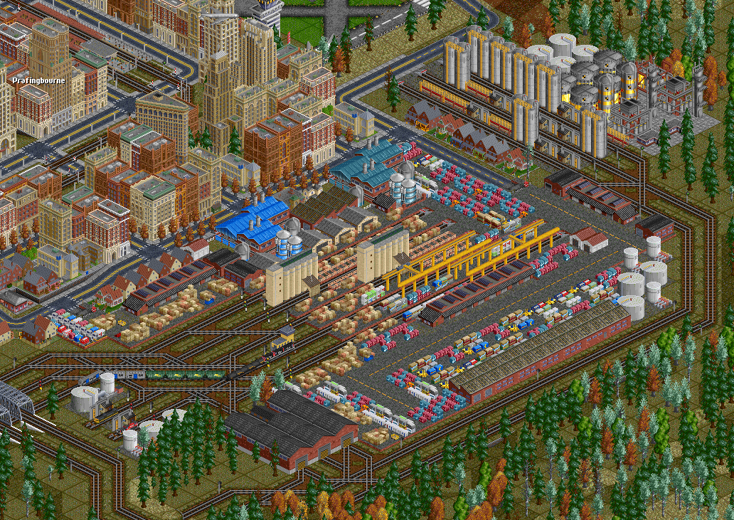 Food station in Prafinbourne, that city is next to Gredinghead! Almost all available wheat and livestock comes here! That oil station haven't got first load yet but trains ar on his way!