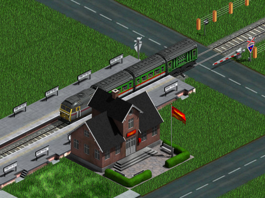 Level crossing, train, rural station building, some station tiles, grass, roads... in 32 bbp.
