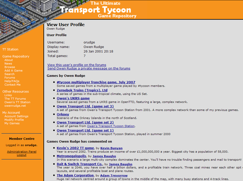 Viewing a user profile. The Repository uses the forum's user database.