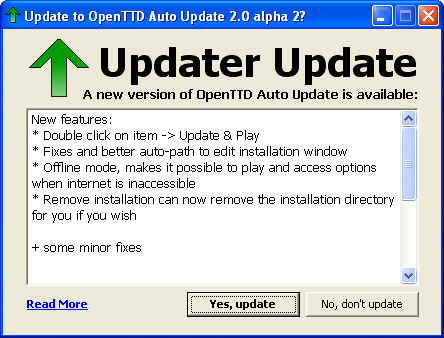 Here is the lovely Self Update dialog. The read more button takes you to this forum post. :)