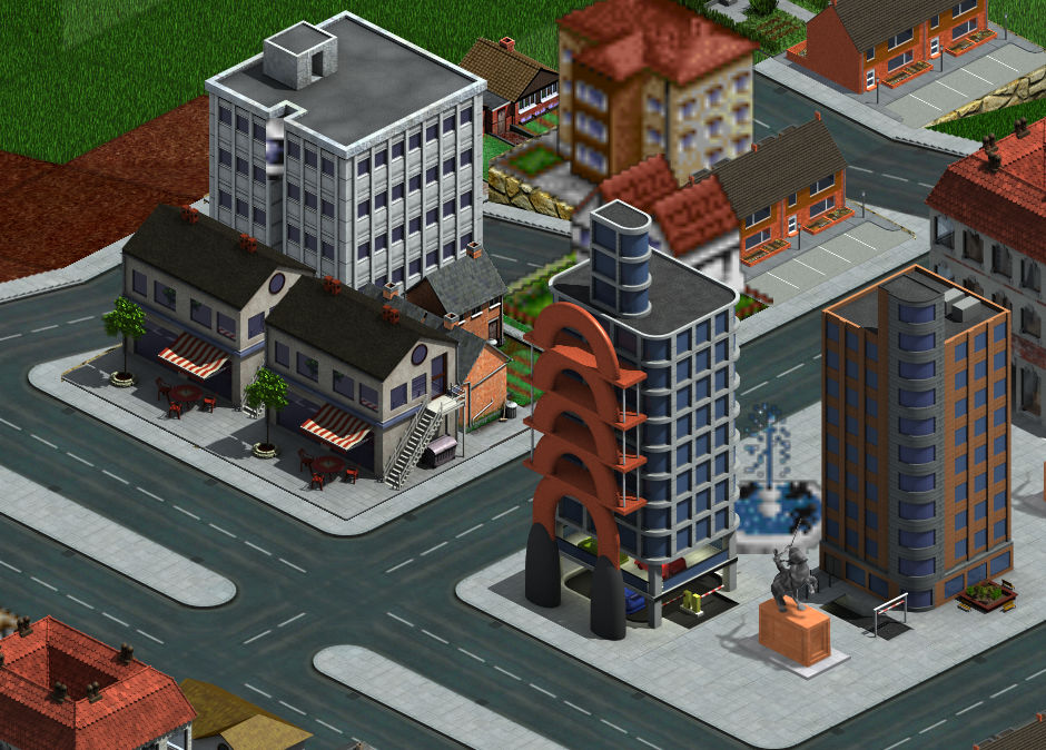 City with high-rise buildings. Some models (Aracirion, Ben_Robbins, BerberJesus) coded but not released because they aren't finished. The statue has some withe edges, and other buildings are a bit big. The office block needs a 32 bpp elevator.