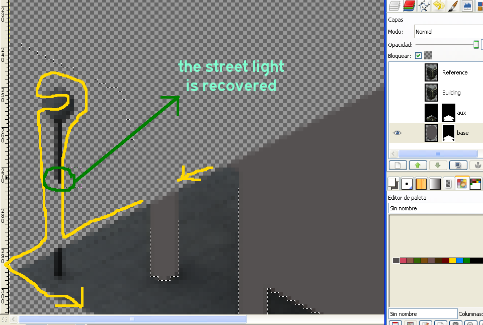 Paint in the edge and the street light.<br /><br />Use a white color and paint over the layer mask, not in the layer.<br /><br />Also don't get a brush very small, a brush 5 px radius is a good brush.