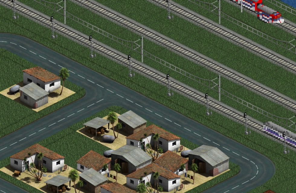 Screenshot with some houses and rails with a outdated release of Spanish set.