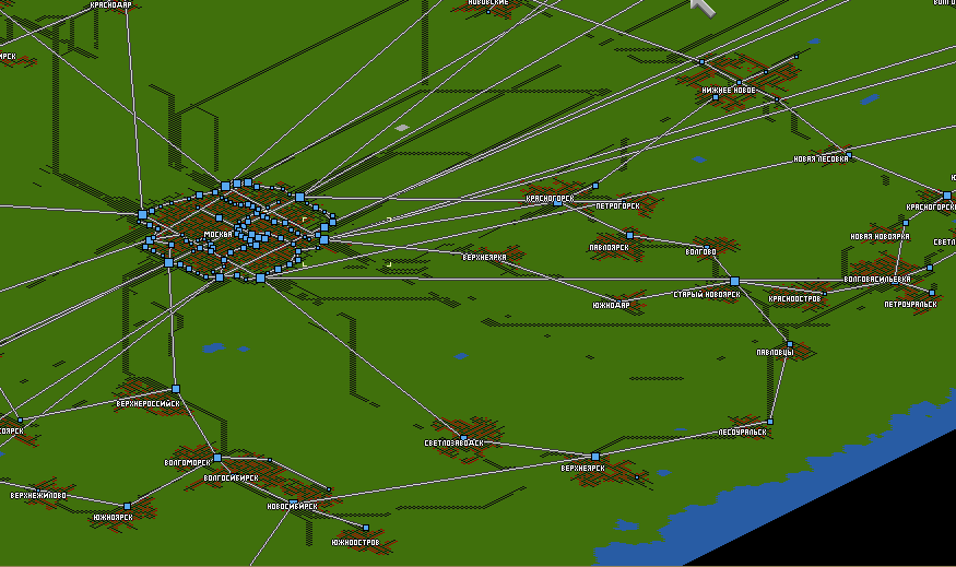 6.	Scheme of lines in Moscow area. Orbital line of underground on edge of city, in inner city tramway lines only, and three categories of railway lines: Express: for heavy haul long distances destinations provide connecting capital with bigger cities, Elektropoizd: for heavy haul suburban trains, Pasazirskij: for provide local connections, mostly into hub for Express category lines. Moscow is served by all categories without Pasazirskij, all railway lines are connected by tunnels under city, with pair of stations for each of them located on Moscows edge with connection to subway. All Moscow train lines have both terminus stations in a another city and provide connection pair of stations on different parts of Moscow for avoid overload subway and queueing trains by change their direction within busy Moscow stations.